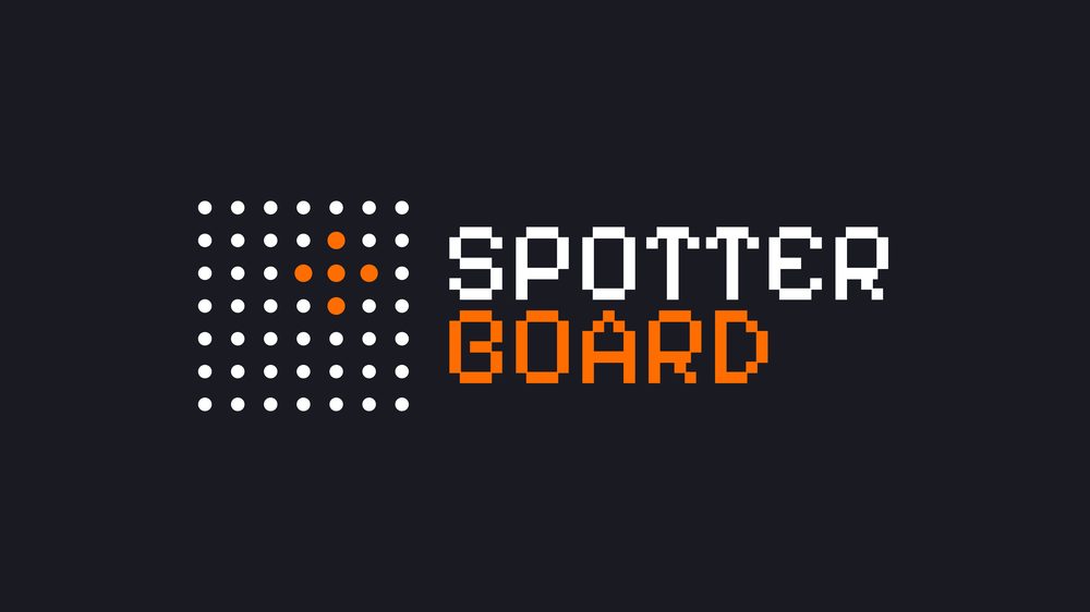 An early SpotterBoard logo concept — a dot grid with a small highlighted arrow shape