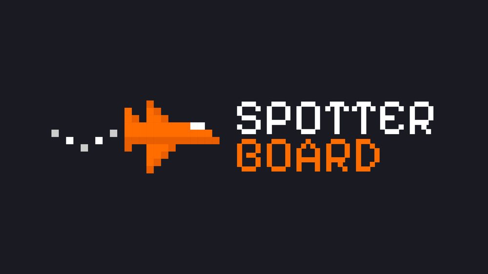 An early SpotterBoard logo concept — a solid pixel-art plane with a trailing dotted path