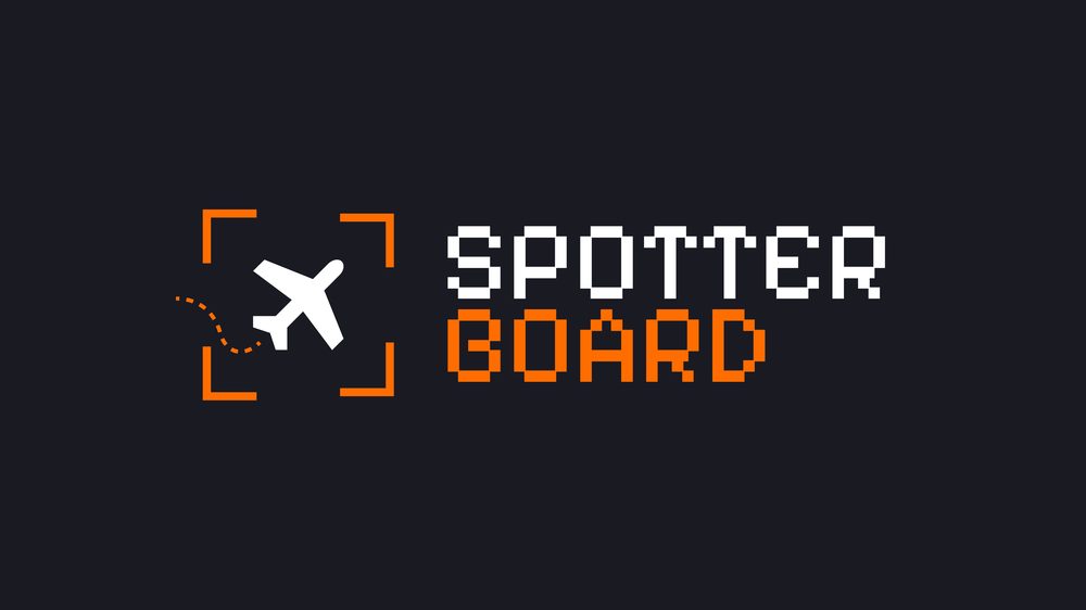 An early SpotterBoard logo concept — a viewfinder bracket around a plane icon with a dashed flight path